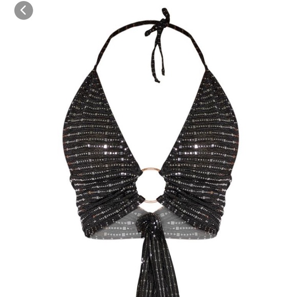 Black Sequin Plunge Ring Detail Bra - Picture 3 of 3